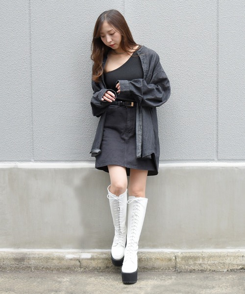 NOFALL（ノーフォール）の「厚底プラットフォームレースアップロングブーツ（ブーツ・レディース・ホワイト/ブラック・LL/M/L/3L/S）」の3枚目の写真