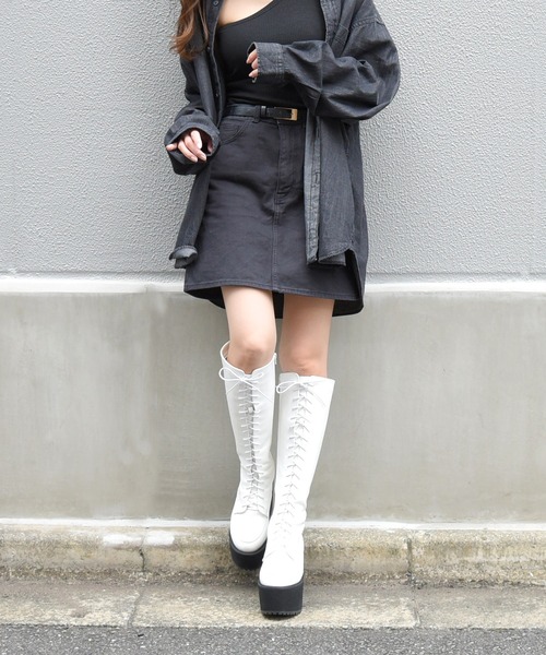 NOFALL（ノーフォール）の「厚底プラットフォームレースアップロングブーツ（ブーツ・レディース・ホワイト/ブラック・LL/M/L/3L/S）」の8枚目の写真