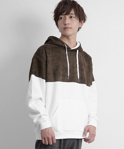 MinoriTY(マイノリティ)の「スウェット裏起毛フェイクスウェード切替パーカー(パーカー・メンズ・ブラック/ネイビー/ブラウン系その他/ベージュ系その他・M/L)」の3枚目の写真