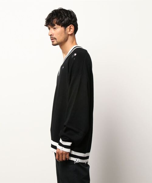 semantic design（セマンティックデザイン）の「セマンティックデザイン/semantic design グランジ加工 Vネック コットンニット（ニット/セーター・メンズ・ブラック/ホワイト・MEDIUM/LARGE）」の4枚目の写真