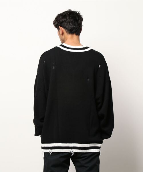 semantic design（セマンティックデザイン）の「セマンティックデザイン/semantic design グランジ加工 Vネック コットンニット（ニット/セーター・メンズ・ブラック/ホワイト・MEDIUM/LARGE）」の3枚目の写真