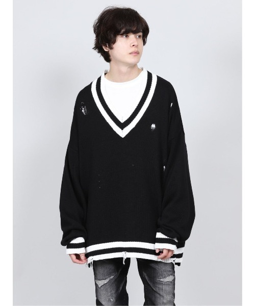 semantic design（セマンティックデザイン）の「セマンティックデザイン/semantic design グランジ加工 Vネック コットンニット（ニット/セーター・メンズ・ブラック/ホワイト・MEDIUM/LARGE）」の2枚目の写真