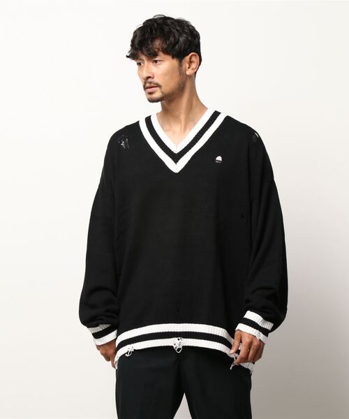 semantic design（セマンティックデザイン）の「セマンティックデザイン/semantic design グランジ加工 Vネック コットンニット（ニット/セーター・メンズ・ブラック/ホワイト・MEDIUM/LARGE）」の14枚目の写真