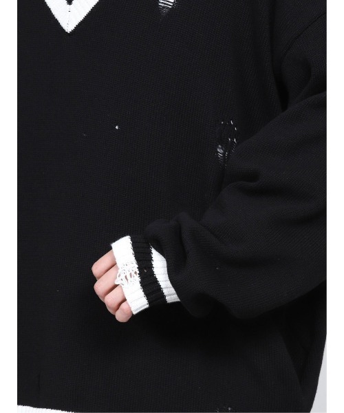 semantic design（セマンティックデザイン）の「セマンティックデザイン/semantic design グランジ加工 Vネック コットンニット（ニット/セーター・メンズ・ブラック/ホワイト・MEDIUM/LARGE）」の9枚目の写真