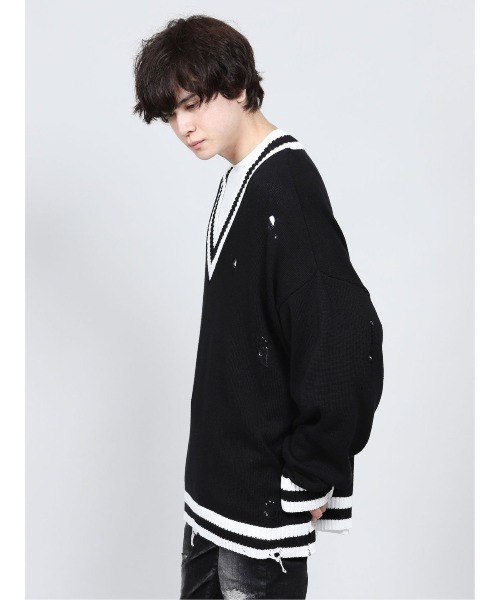 semantic design（セマンティックデザイン）の「セマンティックデザイン/semantic design グランジ加工 Vネック コットンニット（ニット/セーター・メンズ・ブラック/ホワイト・MEDIUM/LARGE）」の8枚目の写真