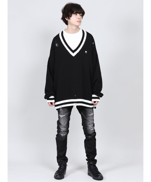 semantic design（セマンティックデザイン）の「セマンティックデザイン/semantic design グランジ加工 Vネック コットンニット（ニット/セーター・メンズ・ブラック/ホワイト・MEDIUM/LARGE）」の7枚目の写真