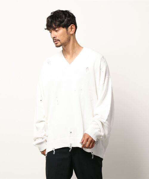 semantic design（セマンティックデザイン）の「セマンティックデザイン/semantic design グランジ加工 Vネック コットンニット（ニット/セーター・メンズ・ブラック/ホワイト・MEDIUM/LARGE）」の5枚目の写真