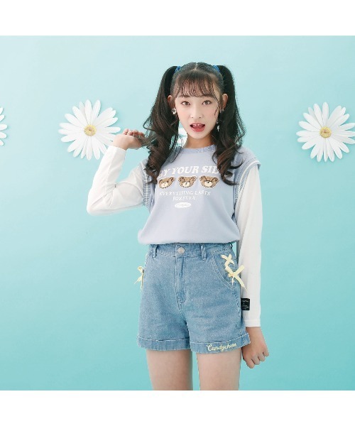 Candychuu（キャンディチュウ）の「レースアップデニムショーパン（その他パンツ・キッズ・サックスブルー/ブルー・120/130/140/150/160）」の2枚目の写真