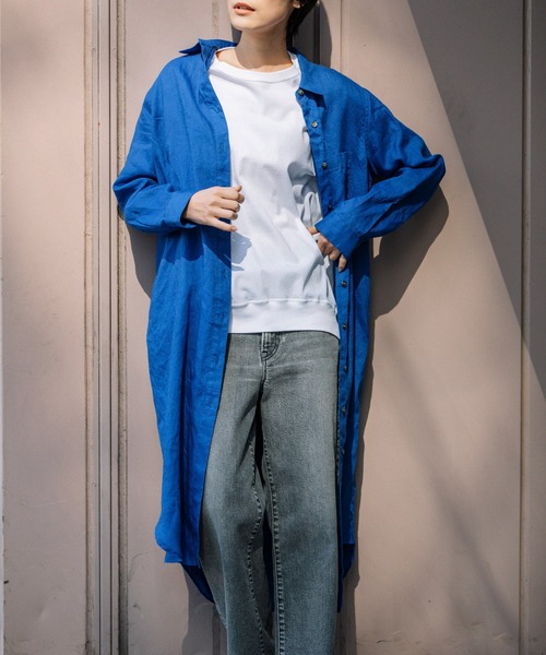 Munich（ミューニック）の「40s フレンチリネンシャツワンピース（ワンピース・レディース・オフホワイト/ブルー/ブルーグレー/ラベンダー/キャメル/レモンイエロー・FREE）」の4枚目の写真