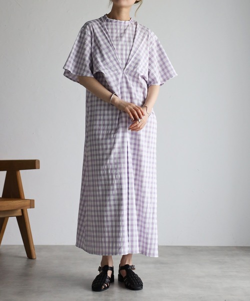 r.（アールドット）の「ギンガムチェックフロントタックOP（ワンピース・レディース・ブラック/クリーム/ラベンダー/グレイッシュベージュ・FREE）」の4枚目の写真