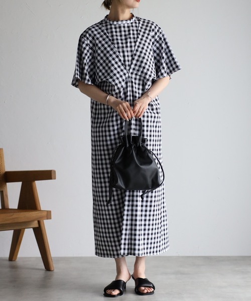 r.（アールドット）の「ギンガムチェックフロントタックOP（ワンピース・レディース・ブラック/クリーム/ラベンダー/グレイッシュベージュ・FREE）」の3枚目の写真