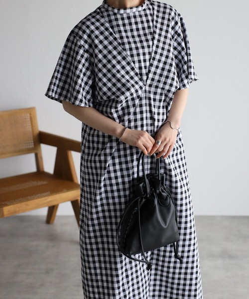 r.（アールドット）の「ギンガムチェックフロントタックOP（ワンピース・レディース・ブラック/クリーム/ラベンダー/グレイッシュベージュ・FREE）」の7枚目の写真
