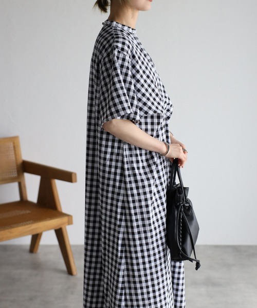 r.（アールドット）の「ギンガムチェックフロントタックOP（ワンピース・レディース・ブラック/クリーム/ラベンダー/グレイッシュベージュ・FREE）」の8枚目の写真
