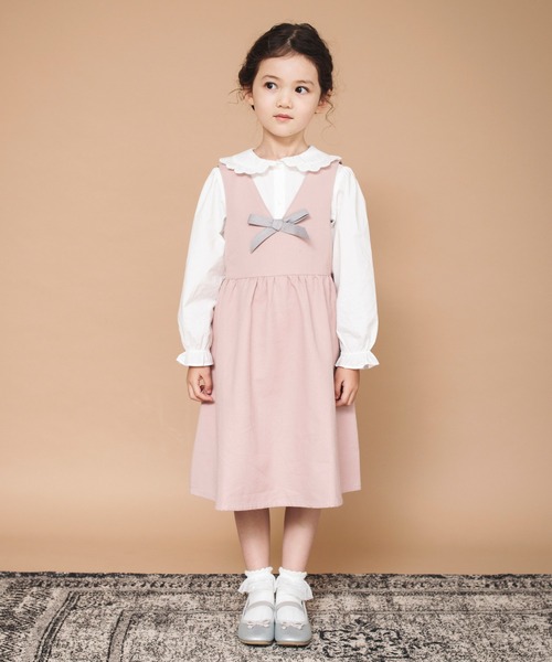 BRANSHES（ブランシェス）の「【ハレの日】リボン付きジャンパースカート（ジャンパースカート・キッズ・チャコールグレー/ピンク・90/100/110/120/130/140/150）」の5枚目の写真