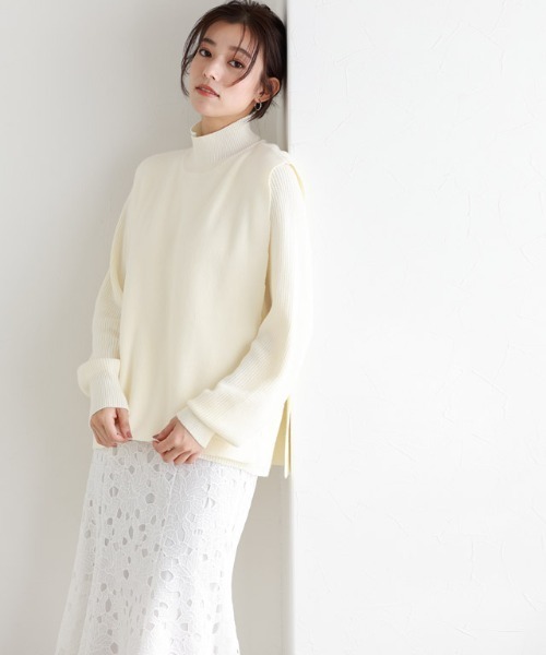 Pierrot(ピエロ)の「ハイネックベスト×パフスリーブニットセット(ニット/セーター・レディース・アイボリー/ブラック/杢グレー・M/L)」の4枚目の写真