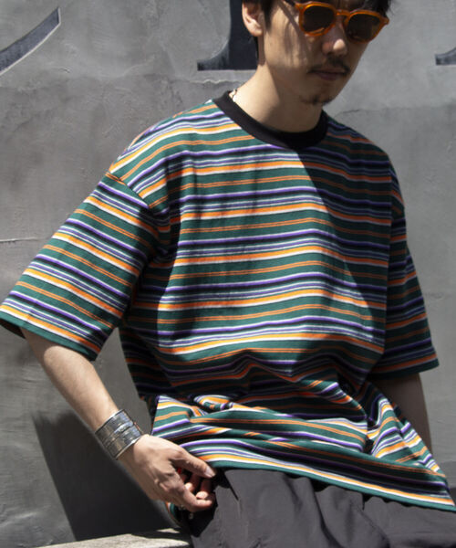 GLOSTER(グロスター)の「【GLOSTER/グロスター】ヘビーウェイト マルチボーダーTシャツ オーバーサイズ リンガーT(Tシャツ/カットソー・メンズ・ホワイト系その他5/グリーン系その他4/ベージュ系その他4・L/M)」の3枚目の写真