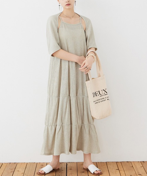 Fashion Letter（ファッションレター）の「シャーリングティアード キャミOP×ショートボレロ セットアップ（ワンピース・レディース・ブラック/オレンジ/グレイッシュベージュ/チャコール・M）」の3枚目の写真