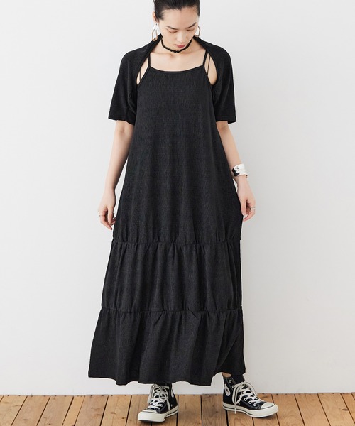 Fashion Letter（ファッションレター）の「シャーリングティアード キャミOP×ショートボレロ セットアップ（ワンピース・レディース・ブラック/オレンジ/グレイッシュベージュ/チャコール・M）」の2枚目の写真