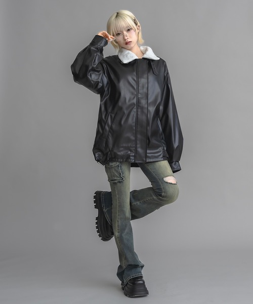 定価18万DONDUPレザーフライトジャケット セール】2way ヴィンテージライク PU レザー 襟ボア A-2 ジップアップ