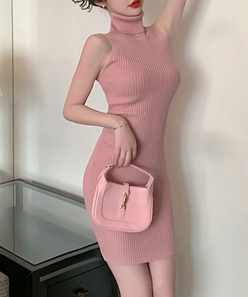 セール】【Jasmine】タートルネックノースリーブニットワンピース