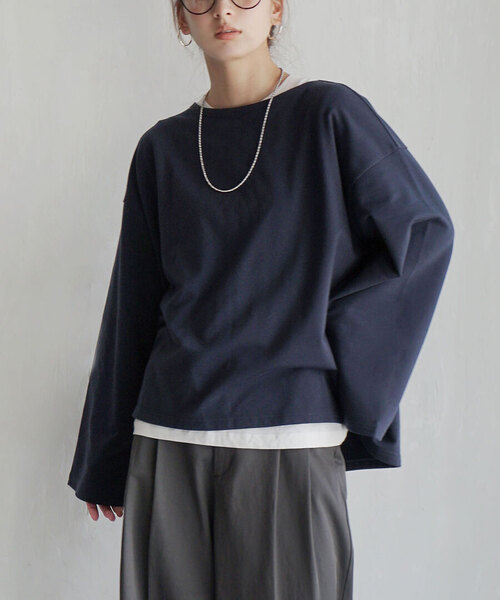 zootie(ズーティー)の「【見た目はON、着心地はOFF。】こなれリラックス 長袖スリットヘムプルオーバー(Tシャツ/カットソー・レディース・ブラウン/オフホワイト/ブルー/ブラック×ホワイト/ブラック/グレイッシュベージュ/ダークブラウン/ネイビー/オレンジ・M)」の7枚目の写真