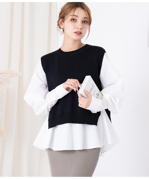 CHILLE（チル）の「ブラウスベストレイヤード セット クルーネック 長袖（シャツ/ブラウス・レディース・ブラック/ワイン/ベージュ・FREE）」の4枚目の写真