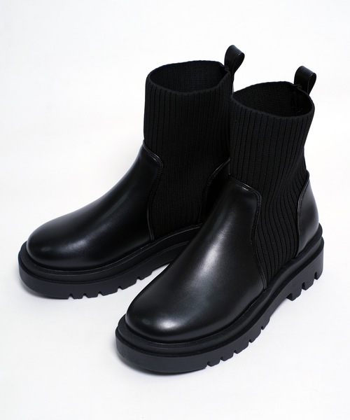 shopnikoniko(ショップニコニコ)の「トラックソール ニット切替 ソックスブーツ 厚底 リブニット ショートブーツ(ブーツ・レディース・ブラック/アイボリー・S/M/L/LL)」の15枚目の写真