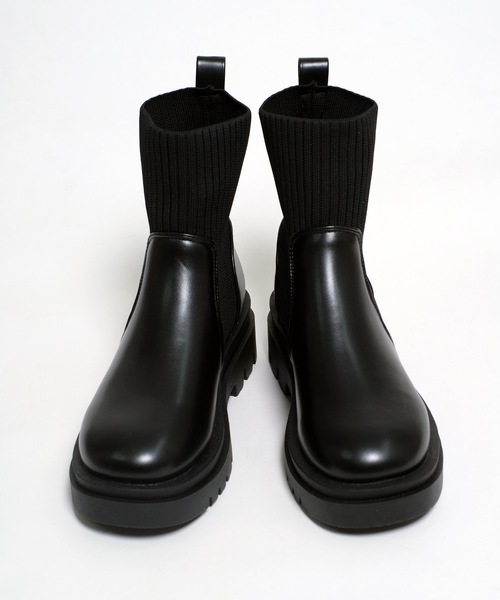shopnikoniko(ショップニコニコ)の「トラックソール ニット切替 ソックスブーツ 厚底 リブニット ショートブーツ(ブーツ・レディース・ブラック/アイボリー・S/M/L/LL)」の16枚目の写真