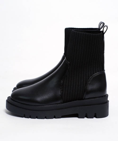shopnikoniko(ショップニコニコ)の「トラックソール ニット切替 ソックスブーツ 厚底 リブニット ショートブーツ(ブーツ・レディース・ブラック/アイボリー・S/M/L/LL)」の17枚目の写真