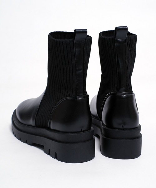 shopnikoniko(ショップニコニコ)の「トラックソール ニット切替 ソックスブーツ 厚底 リブニット ショートブーツ(ブーツ・レディース・ブラック/アイボリー・S/M/L/LL)」の18枚目の写真