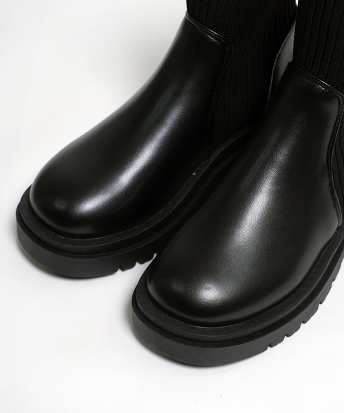 shopnikoniko(ショップニコニコ)の「トラックソール ニット切替 ソックスブーツ 厚底 リブニット ショートブーツ(ブーツ・レディース・ブラック/アイボリー・S/M/L/LL)」の20枚目の写真