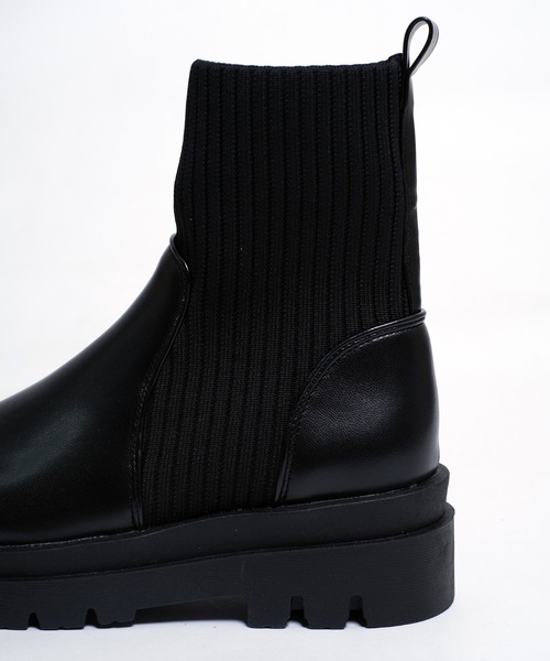 shopnikoniko(ショップニコニコ)の「トラックソール ニット切替 ソックスブーツ 厚底 リブニット ショートブーツ(ブーツ・レディース・ブラック/アイボリー・S/M/L/LL)」の21枚目の写真