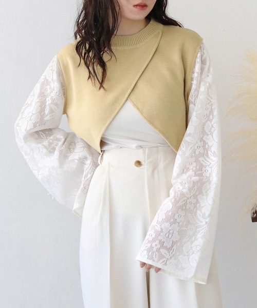 CLEIO（クレイオ）の「【CLEIO】レーススリーブ切替えアシメニット/LACE SLEEVE CHANGEABLE ASIMENIT/986-11601（ニット/セーター・レディース・テラコッタ/グリーン系その他/ホワイト・FREE）」の3枚目の写真