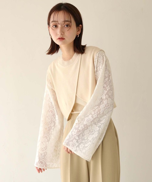 CLEIO（クレイオ）の「【CLEIO】レーススリーブ切替えアシメニット/LACE SLEEVE CHANGEABLE ASIMENIT/986-11601（ニット/セーター・レディース・テラコッタ/グリーン系その他/ホワイト・FREE）」の4枚目の写真