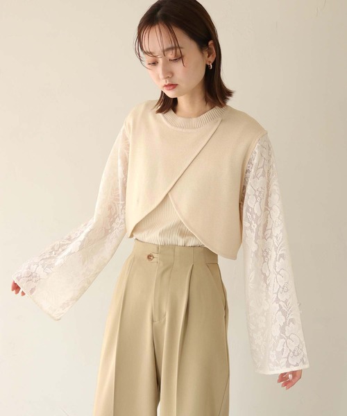 CLEIO（クレイオ）の「【CLEIO】レーススリーブ切替えアシメニット/LACE SLEEVE CHANGEABLE ASIMENIT/986-11601（ニット/セーター・レディース・テラコッタ/グリーン系その他/ホワイト・FREE）」の5枚目の写真