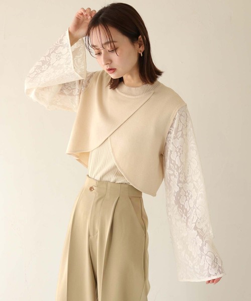CLEIO（クレイオ）の「【CLEIO】レーススリーブ切替えアシメニット/LACE SLEEVE CHANGEABLE ASIMENIT/986-11601（ニット/セーター・レディース・テラコッタ/グリーン系その他/ホワイト・FREE）」の7枚目の写真