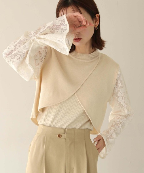 CLEIO（クレイオ）の「【CLEIO】レーススリーブ切替えアシメニット/LACE SLEEVE CHANGEABLE ASIMENIT/986-11601（ニット/セーター・レディース・テラコッタ/グリーン系その他/ホワイト・FREE）」の15枚目の写真