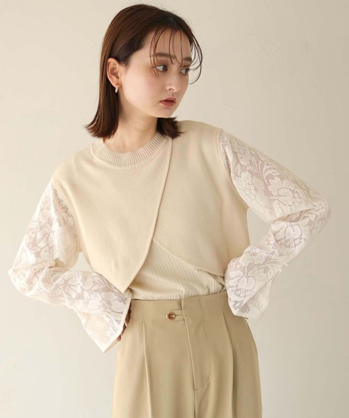 CLEIO（クレイオ）の「【CLEIO】レーススリーブ切替えアシメニット/LACE SLEEVE CHANGEABLE ASIMENIT/986-11601（ニット/セーター・レディース・テラコッタ/グリーン系その他/ホワイト・FREE）」の16枚目の写真