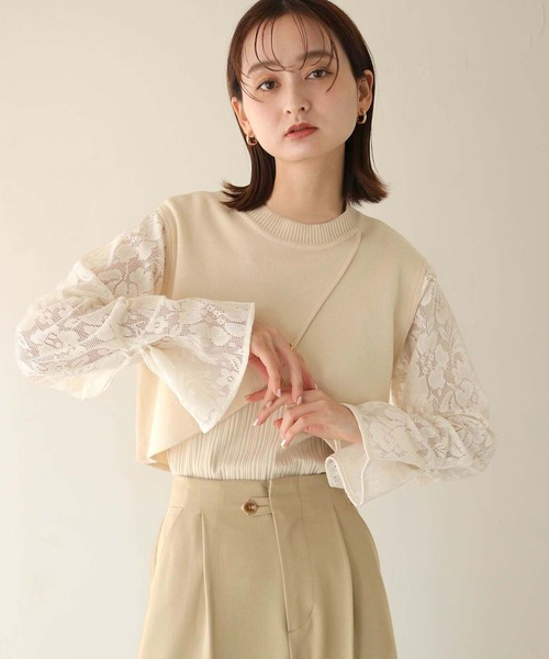 CLEIO（クレイオ）の「【CLEIO】レーススリーブ切替えアシメニット/LACE SLEEVE CHANGEABLE ASIMENIT/986-11601（ニット/セーター・レディース・テラコッタ/グリーン系その他/ホワイト・FREE）」の17枚目の写真
