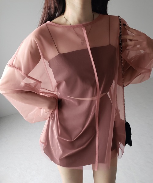 me+em select(ミームセレクト)の「※※【 選べる10色展開 】ビッグシルエットシースルーチュールトップス(Tシャツ/カットソー・レディース・ブラック/アイボリー/グレイッシュベージュ/グレー/ブルー/ピンク/イエロー/ミント/モカ/パープル・MEDIUM)」の10枚目の写真