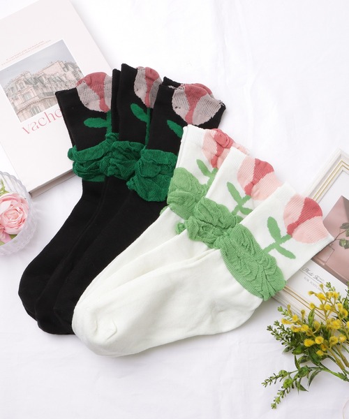 セール】【6足セット】3Dフラワーデザインショートソックス（ソックス