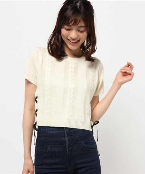 WEGO(ウィゴー)の「WEGO/レースアップケーブルニット(ニット/セーター・レディース・ダークグリーン/ホワイト/ホワイト系その他・FREE)」の15枚目の写真