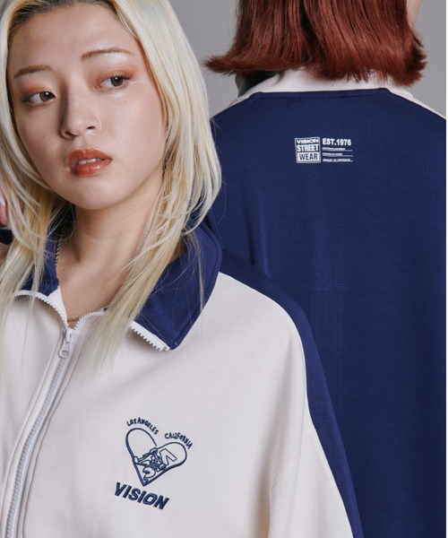 VISION STREET WEAR(ヴィジョンストリートウェア)の「【VISION STREET WEAR/ヴィジョンストリートウェア】ハート&ブランドロゴ ポンチ ワンポイント トラックジャケット/ラインジャージ(ジャージ・メンズ・ネイビー/グレー/オフホワイト/ブラック・M/L/XL)」の5枚目の写真