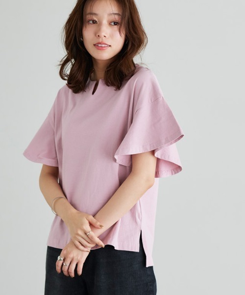 Pierrot(ピエロ)の「ミドル丈フレアスリーブキーネックカットソー(Tシャツ/カットソー・レディース・オフホワイト/ブルー/ブラック/グレー系その他/ライトピンク/ネイビー/サンドベージュ/ミント・M/L)」の8枚目の写真