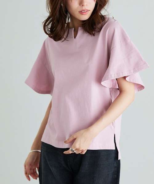 Pierrot(ピエロ)の「ミドル丈フレアスリーブキーネックカットソー(Tシャツ/カットソー・レディース・オフホワイト/ブルー/ブラック/グレー系その他/ライトピンク/ネイビー/サンドベージュ/ミント・M/L)」の9枚目の写真