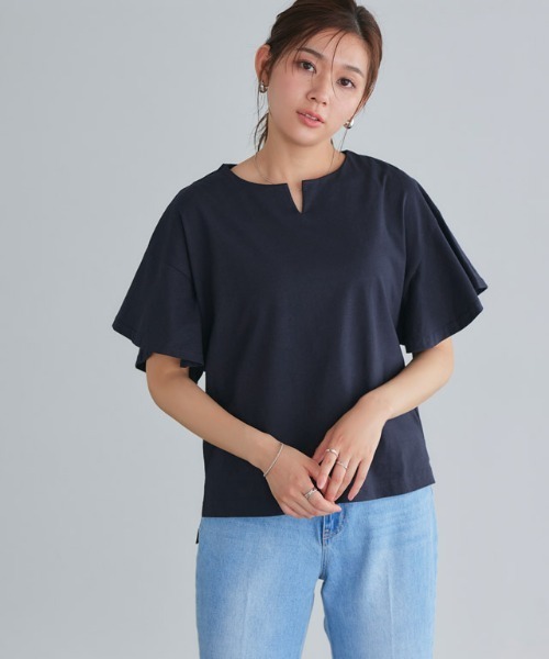Pierrot(ピエロ)の「ミドル丈フレアスリーブキーネックカットソー(Tシャツ/カットソー・レディース・オフホワイト/ブルー/ブラック/グレー系その他/ライトピンク/ネイビー/サンドベージュ/ミント・M/L)」の20枚目の写真