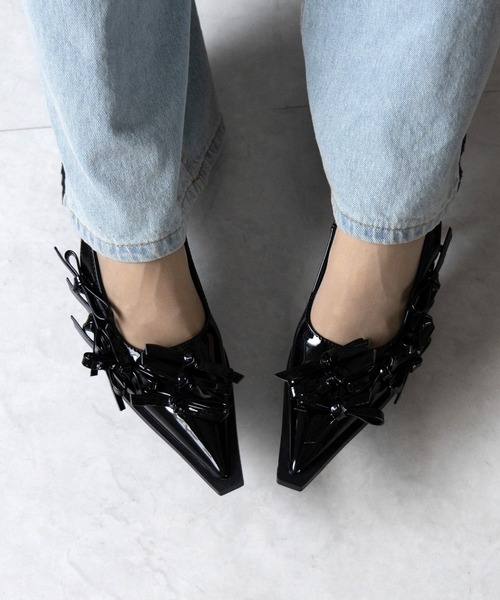 セール】※※【 2color 】メタリックリボンバレエコアミュール