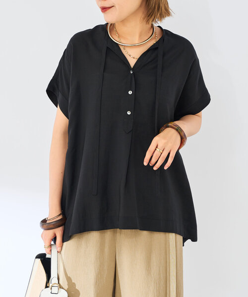 un dix cors（アンディコール）の「《ぽっちゃりさんに◎・インしなくてもかわいい》タイデザイン半袖ブラウス（シャツ/ブラウス・レディース・カーキ/レッド/ブラック・FREE）」の5枚目の写真