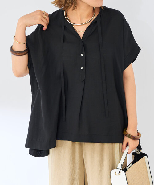 un dix cors（アンディコール）の「《ぽっちゃりさんに◎・インしなくてもかわいい》タイデザイン半袖ブラウス（シャツ/ブラウス・レディース・カーキ/レッド/ブラック・FREE）」の8枚目の写真