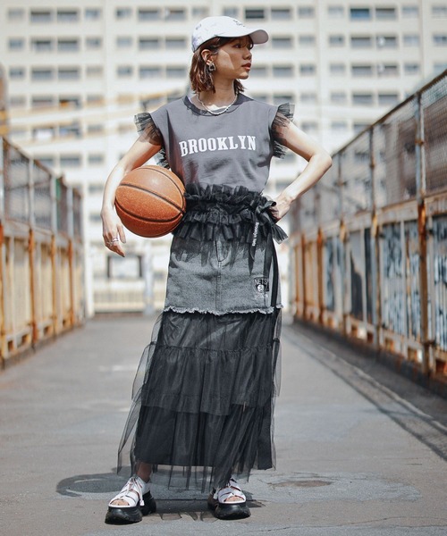 NBA（エヌビーエー）の「【NBA】別注/フリルチュールドッキングデニムスカート（デニムスカート・レディース・ブルー/ブラック・FREE）」の8枚目の写真